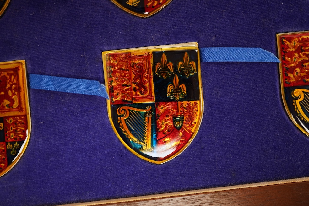 Yorkshire Mint 'Royal Arms Collection' of 12 enamelled silver armorial shields, cased and Westminster Mint 12 QEII Falkland Islands Golden Jubilee proof silver coins, cased (2 cases)